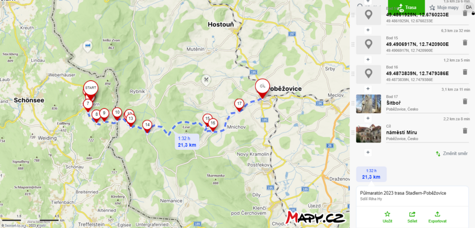 Mapa trasy Panevropský půlmaraton 21,097 km